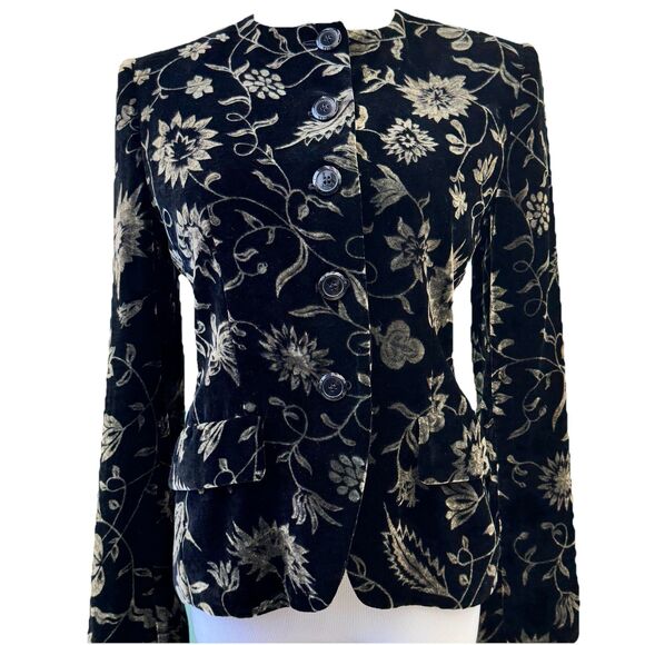 Jones New York Jackets & Blazers - JONES NEW YORK Rayon Silk Velvet Blazer Black Floral Sz 6 Vintage 36 Chest Lined